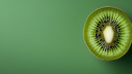 Fresh kiwi fruit half showing detailed seed pattern and vibrant green flesh texture against blurred green background with copy space for healthy food concepts.