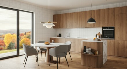 Modern kitchen interior, open plan design, wooden cabinets, white countertops, large window, autumn view, dining table, gray chairs, pendant lights, minimalist aesthetic, natural lighting, sleek appli