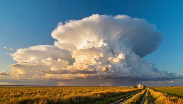 Expansive thunderhead clouds forming over the plain at sunset, nature's power
