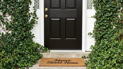 Quaint front door engulfed by ivy Home Sweet Home doormat Welcoming cozy and charming home entrance scene