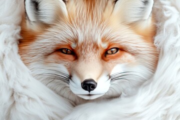 Close-up view of a fox with detailed fur texture and expressive eyes, wrapped in a soft white material for warmth and comfort during winter