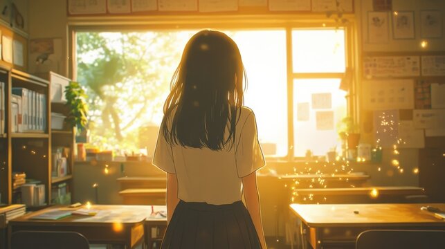 Anime Girl in Classroom at Sunrise, Perfect for Wallpaper, Art Print, or Desktop Background