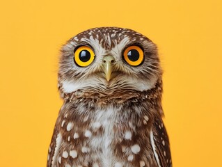 Captivating Burrowing Owl Portrait on Vibrant Yellow Backdrop Showcasing Striking Eyes and Feathers