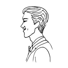 male head in profile, happy young man - line art drawing