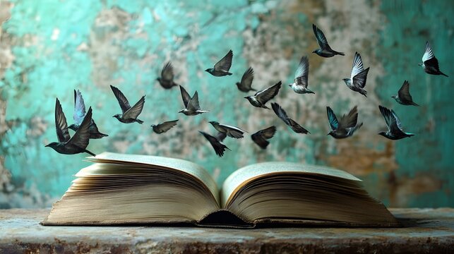Birds Flying Out of an Open Book Against a Grungy Background