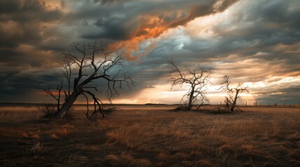 Naklejka premium dry grassland with trees with dry branches