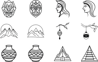 Geometric Line Art Icons Faces, Mountains, and Ancient Artifacts