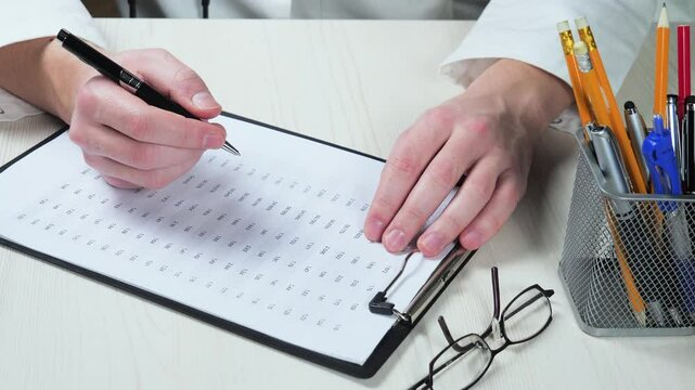 A young doctor describes a patient's medical history. Close-up. Slow motion.