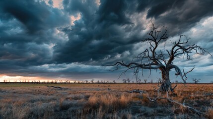 dry grassland with trees with dry branches