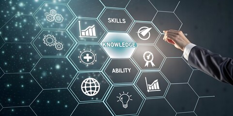 A futuristic and abstract image representing the concept of skills, knowledge, and ability. Use a hexagonal grid layout or a similar geometric pattern to represent interconnected concepts