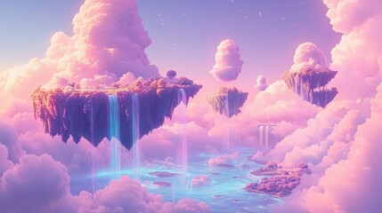 Fantastical Cloudy Sky with Waterfalls and Islands, Perfect for Desktop Wallpaper or Digital Art Background