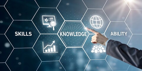 A futuristic and abstract image representing the concept of skills, knowledge, and ability. Use a hexagonal grid layout or a similar geometric pattern to represent interconnected concepts