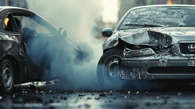 Car accident, car with a mangled front end, visible damage, and a broken headlight on the road in the city. Gazebo car accident concept, banner,