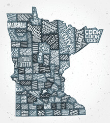 Minnesota counties word clouds. State shape on textured background. Minnesota design in typographic style. Creative vector illustration. © Eugene Ga