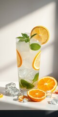 Refreshing citrus drink with mint, ice, and vibrant orange and lemon slices served in a tall glass