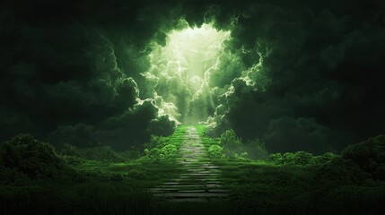 Fototapeta premium Luminous Pathway Through Dark Clouds in Mystical Green Landscape