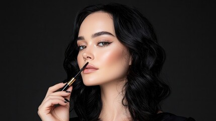 Close-up Portrait of Beautiful Woman Applying Makeup on Lips