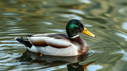 Mallard duck gliding gracefully across a serene pond surrounded by lush greenery in the early morning light