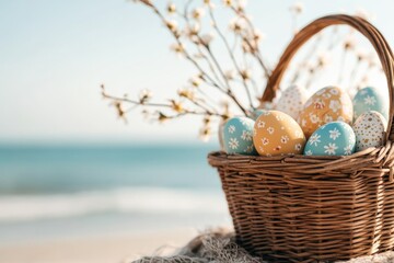 Colorful Easter eggs in a woven basket on the beach during a sunny day with ocean waves in the background