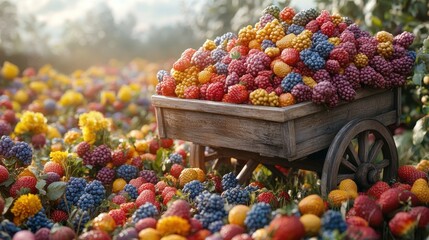 Colorful berries in wooden cart amidst flowers
