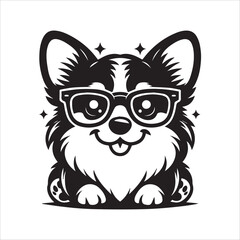 Cute corgi wearing glasses, a trendy black and white illustration. This black and white graphic illustration showcases a stylized corgi puppy wearing glasses.