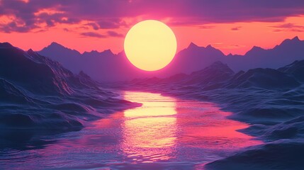 Majestic sunset over mountain range reflecting in river creating serene and dreamy landscape