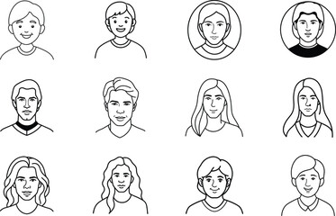 Simple Line Art Diverse People Icons Male, Female, Children, Adults