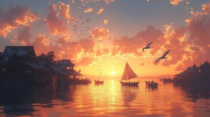 Vibrant Sunset Over Serene Waterfront Village with Boats and Birds