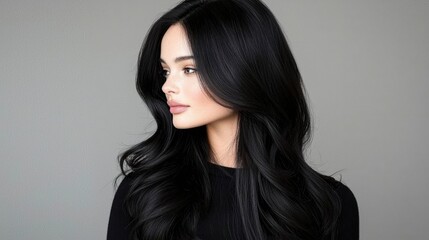 Naklejka premium Elegant Woman with Long Black Hair Posing Against Gray Background