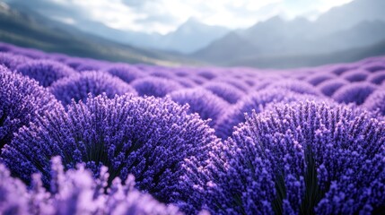 Obraz premium Lavender field, mountain backdrop, sunrise, serene beauty