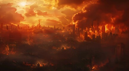 Fototapeta premium Apocalyptic Cityscape: A fiery sunset casts an ominous glow over a city engulfed in flames, creating a dramatic and apocalyptic scene of destruction and chaos. 