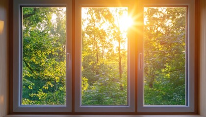 Warm Sunlight Streaming Through a Clean Window, Illuminating Lush Green Trees on a Bright Summer Day