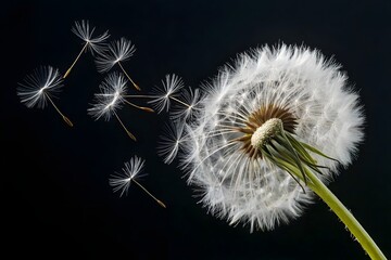 Fototapeta premium A close-up, macro photograph of a dandelion with seeds blowing away in the wind. The dandelion is in full bloom, with a large, fluffy white seed head