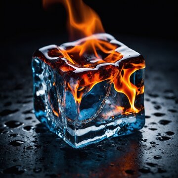 Burning ice cubes with dramatic flames