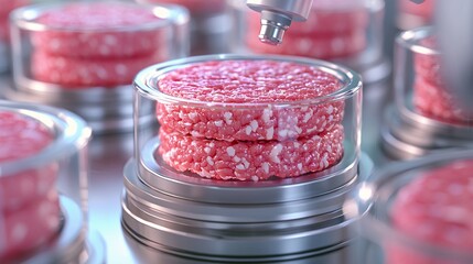 Automated Meat Patty Production Line Robotic Arm Dispensing Pink Patties in Cylindrical Containers