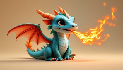 Fototapeta premium Cute Cartoon Dragon Breathing Fire Digital Art for Children's Illustration