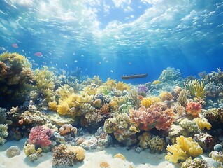 Obraz premium A diver explores the vibrant coral reefs of the Red Sea, a tropical underwater paradise teeming with marine life