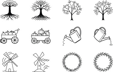 Farm, Autumn, Harvest, Nature, Tree, Icons, Pumpkins, Wreath, Windmill, Wagon