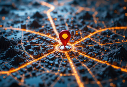Mapa de la ciudad en miniatura muy detallado con carreteras brillantes y un pin de ubicaci&oacute;n que marca un punto central
