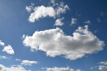 Obraz premium Fluffy white cumulus clouds in a bright blue summer sky