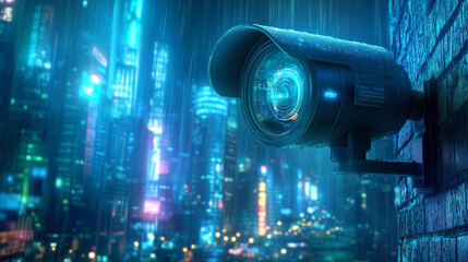 Neon lights reflect off wet pavement in a bustling city, as rain falls steadily. A security camera is mounted on a wall, monitoring the lively urban landscape filled with colorful lights