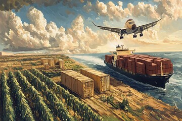 Airplane and cargo ship transporting goods from farm to market.