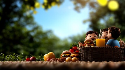 Joyful Picnic: Cartoon Kids Enjoying a Sunny Outdoor Meal