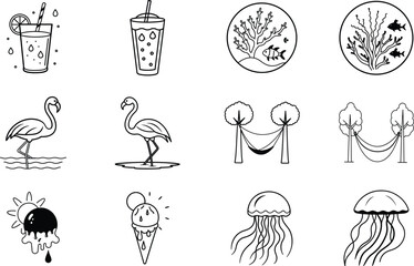 Summer Vacation Icons Drinks, Flamingoes, Hammocks, Jellyfish, and More