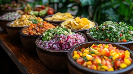 Fototapeta premium Colorful Mexican salsas and chips buffet in a tropical setting