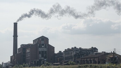 Fototapeta premium Eerie image of a deserted factory with a smokestack emitting wisps of gray smoke showcasing industrial decline and environmental impact
