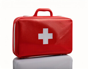 Red first aid kit with a white cross, perfect for medical or safety visuals. Compact and portable, suitable for travel, home, or outdoor use. Isolated on white background.