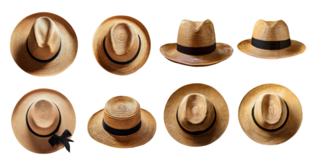Collection of Various Straw Hats in Different Styles and Shapes, isolated on transparent background