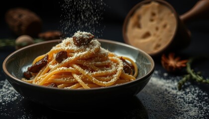 Delicious pasta preparation italian kitchen food photography elegant setting close-up culinary art