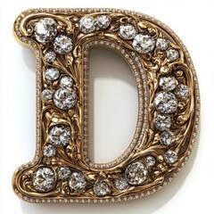 Intricately designed Golden letter D embellished with diamonds and floral ornaments, logotype, jewellery font collection perfect for themes of luxury